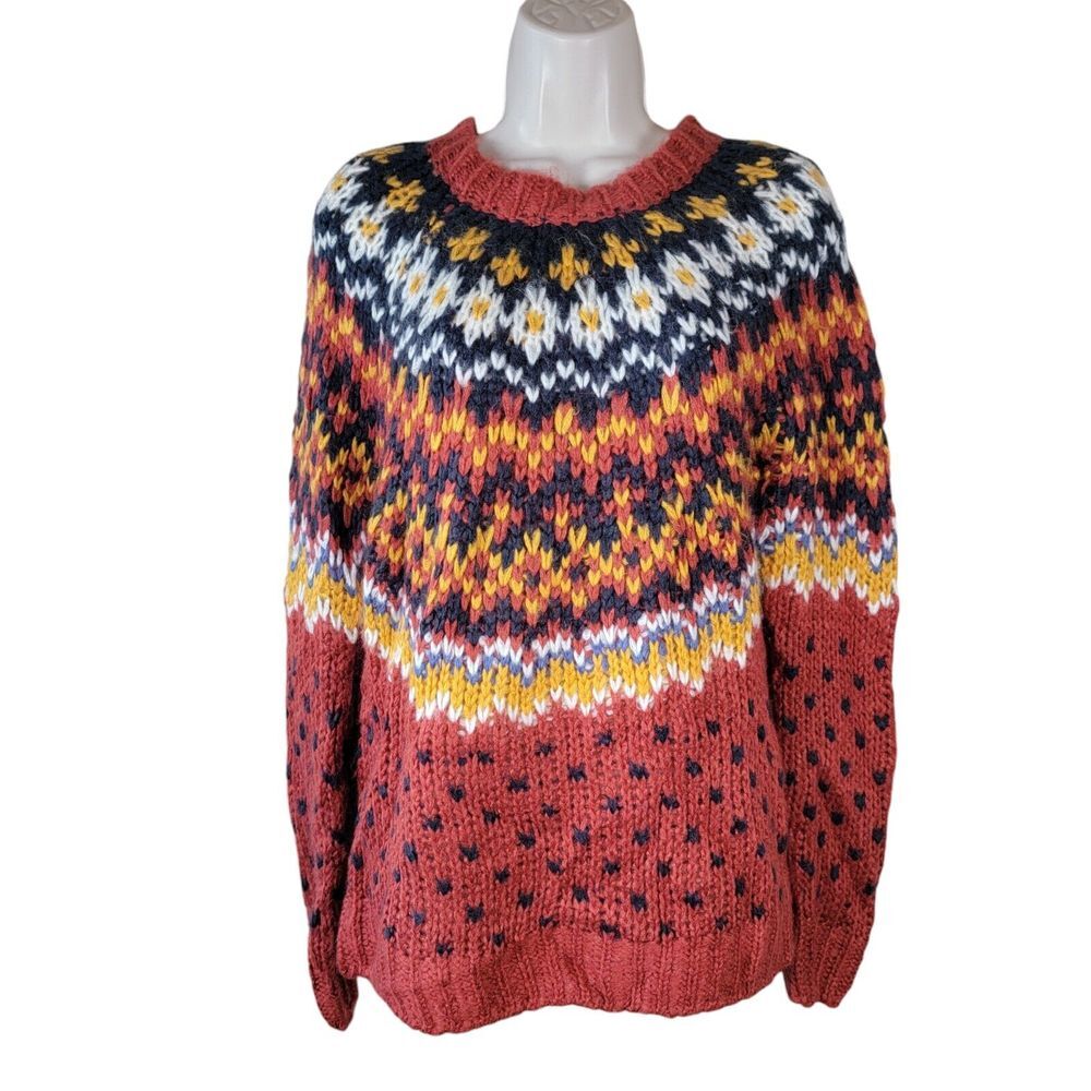 Forever 21 Fair Isle Size Small Red Yellow Chunky Knit Oversized Sweater